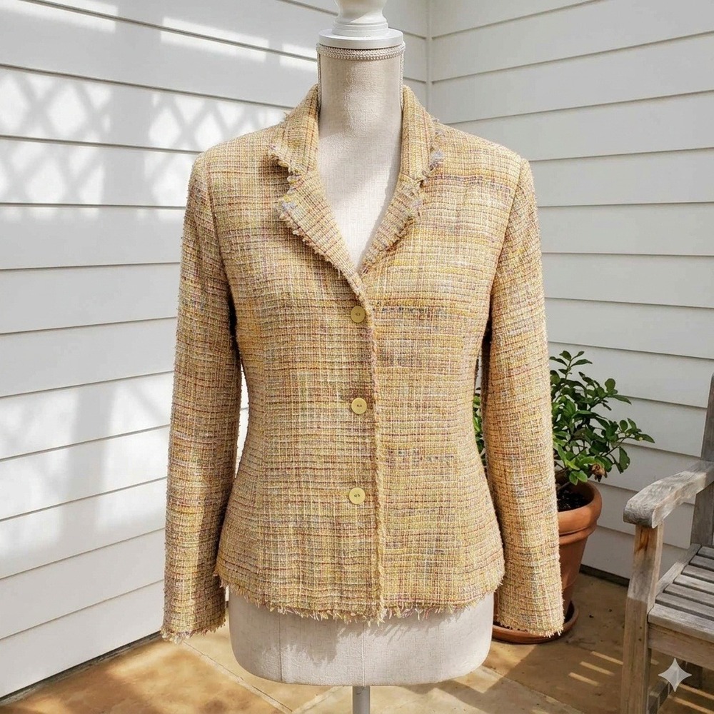 Carole Little Blazer Yellow Multicolor Silk Blend Tweed Fringed Trim Jacket M